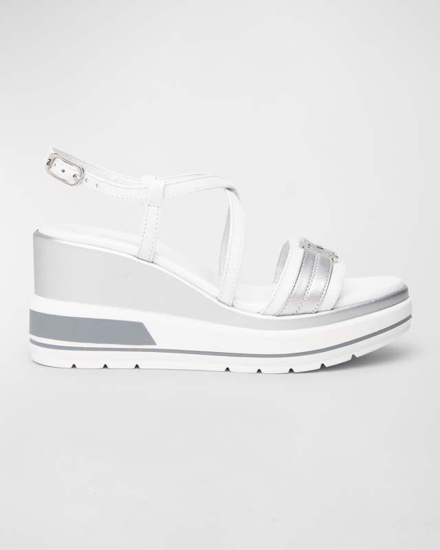 Leather Wedge Sandals with Logo Plate