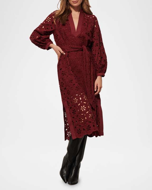 Clove Eyelet-Embroidered Long-Sleeve Belted Midi Dress