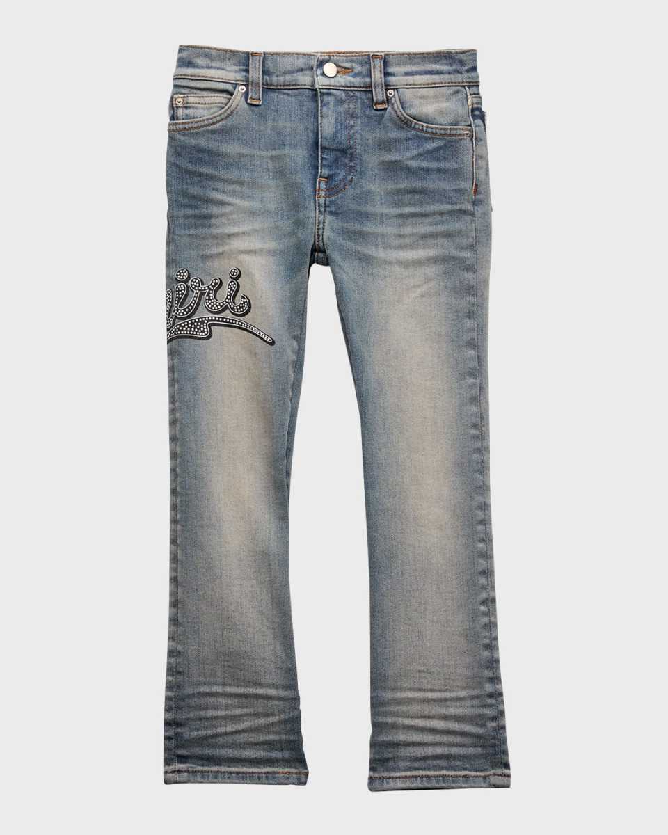 Boy's Antique Indigo Logo-Script Jeans, Size 4-12