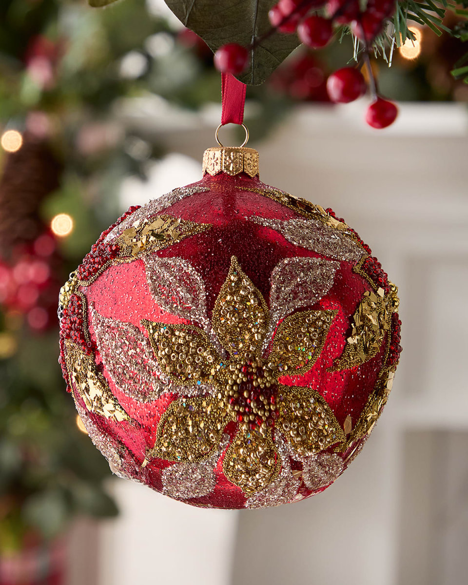 Red Poinsettia Ball Christmas Ornament