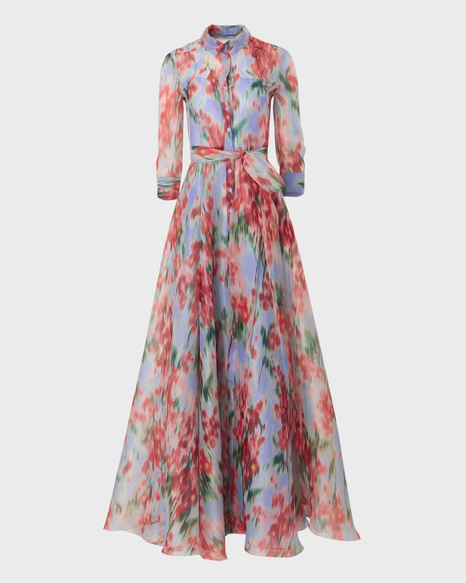 Watercolor Floral Belted Silk Trench Gown