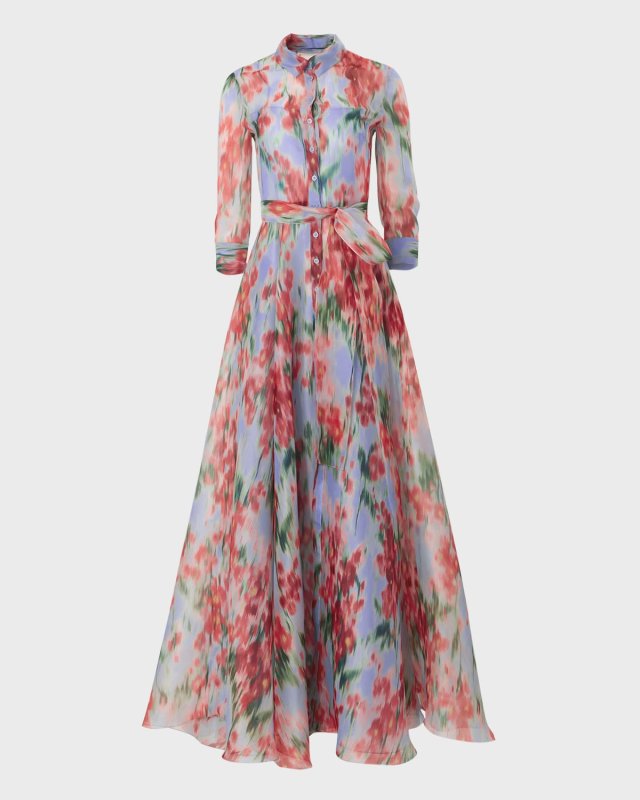 Watercolor Floral Belted Silk Trench Gown