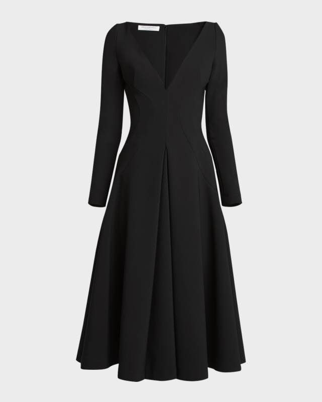Plunging Long-Sleeve Fit-&-Flare Midi Dress