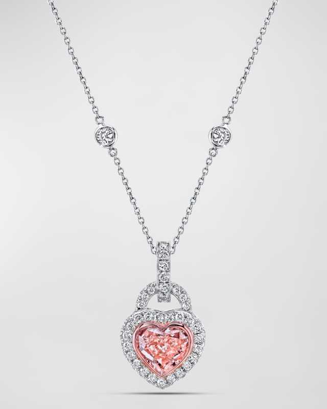 Platinum 18K Rose Gold Pink Heart Diamond 2-Sided Pendant Necklace, 16"L, 3.48tcw