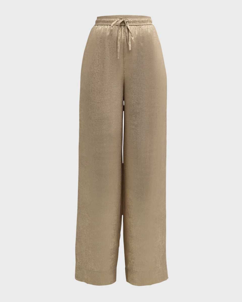 Mid-Rise Fluid Metallic Wide-Leg Drawstring Pants