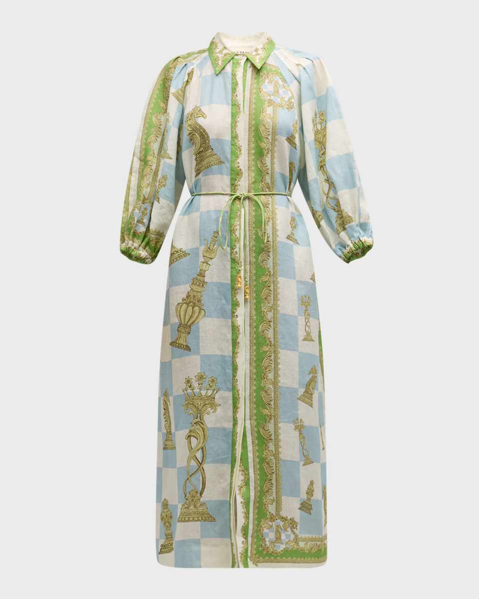 Checkmate Linen Puff-Sleeve Maxi Shirtdress