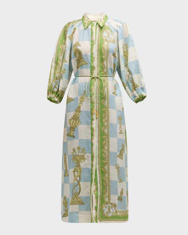 Checkmate Linen Puff-Sleeve Maxi Shirtdress