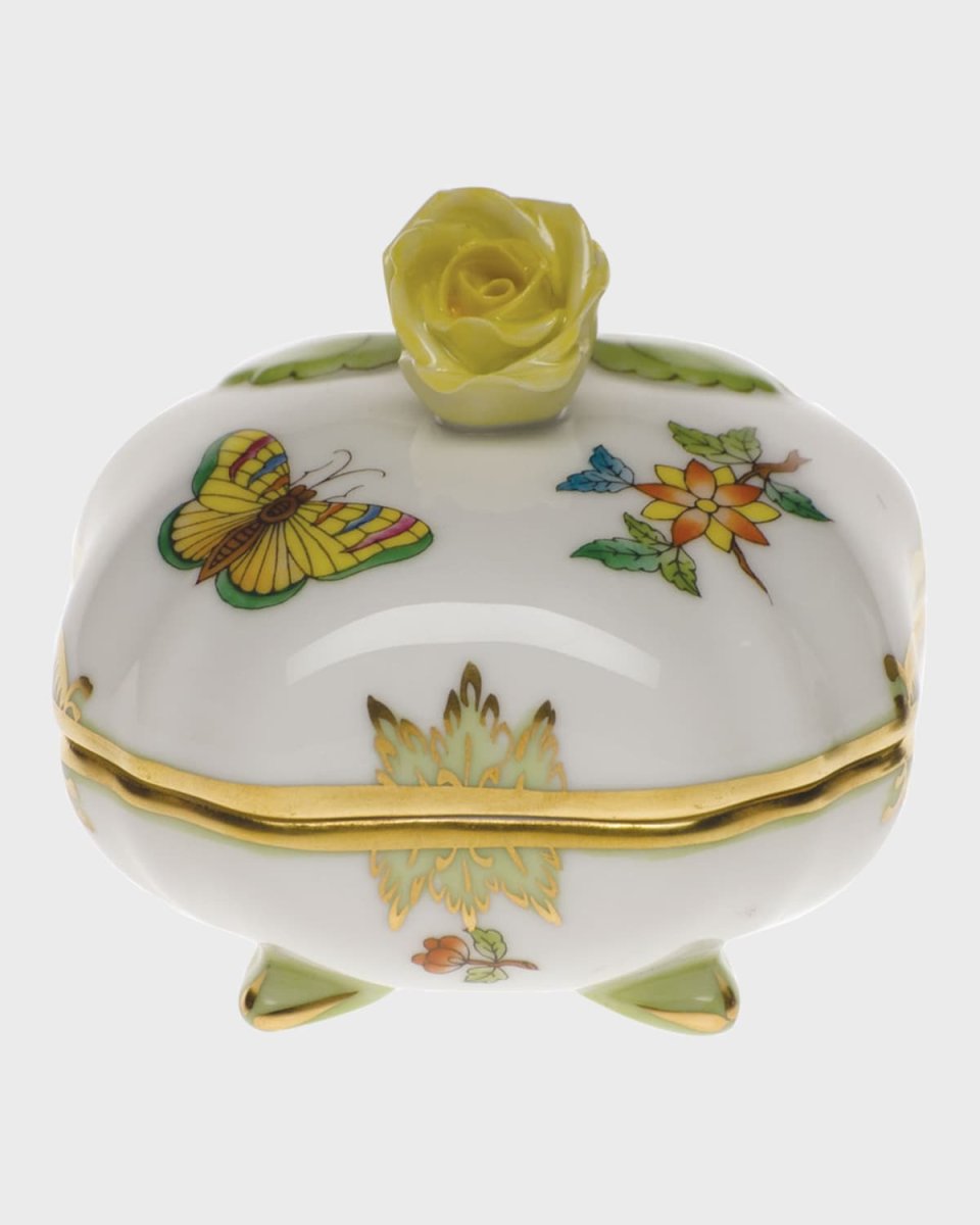 Queen Victoria Green Covered Bonbon with Rose Finial