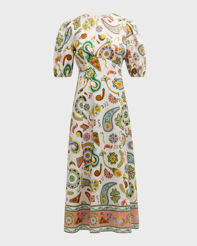 Arcade Puff-Sleeve Multicolor Linen Midi Dress