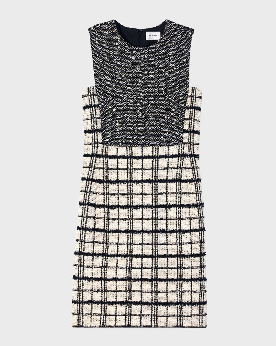Bonded Multi Slub Plaid Tweed Knit Mini Dress