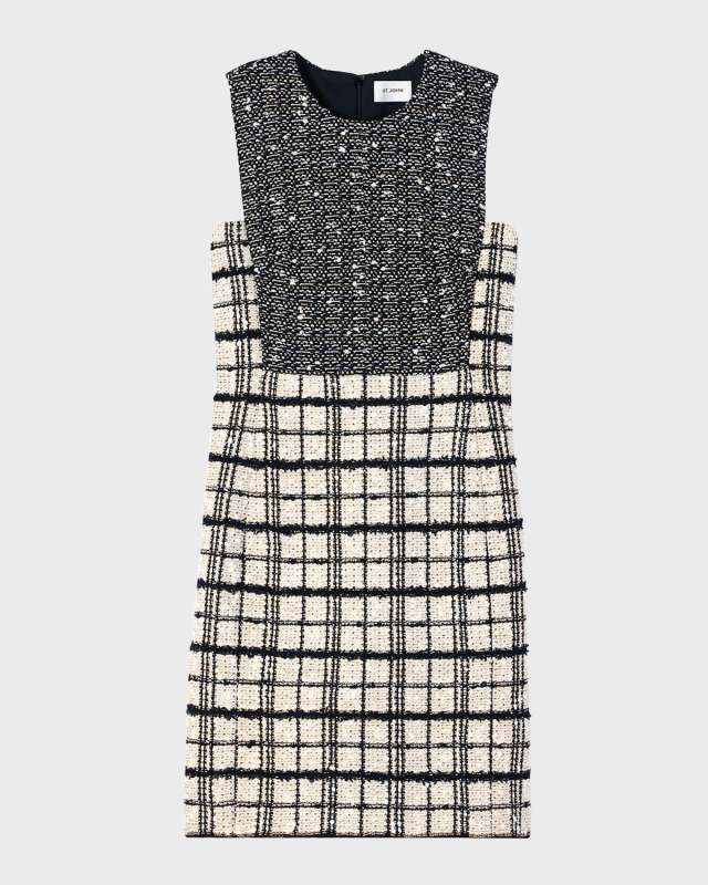 Bonded Multi Slub Plaid Tweed Knit Mini Dress