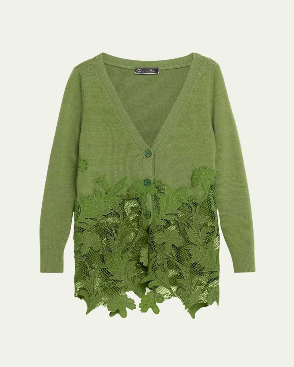 Long-Sleeve Marbled Carnation Guipure Cardigan