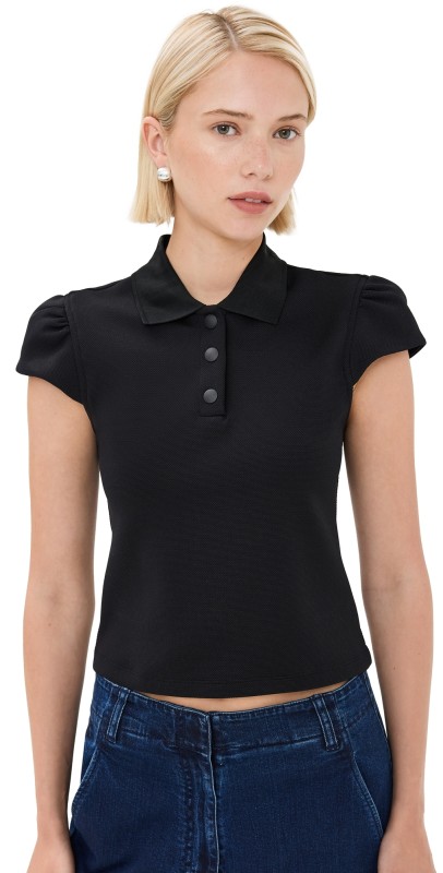 Tibi Luxe Pique Shrunken Polo Shirt Black