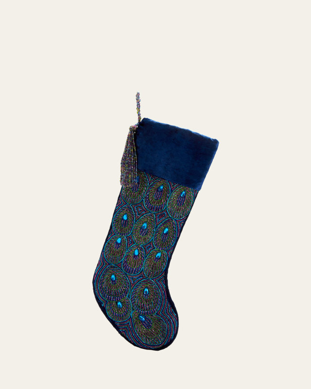 Fully Beaded Peacock Christmas Stocking