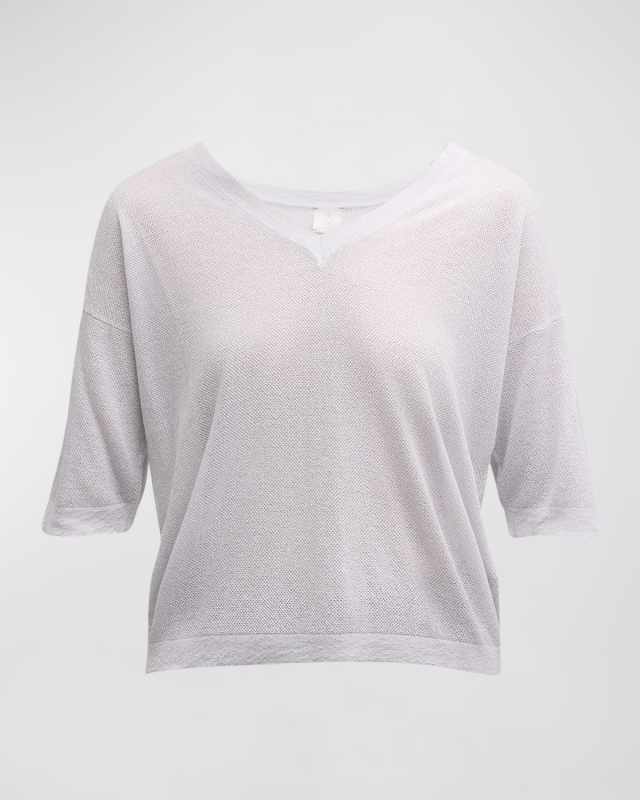Short-Sleeve V-Neck Knit Sweat