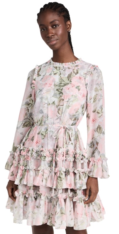 Needle & Thread Rose Powder Chiffon Round Neck Mini Dress Moonshine
