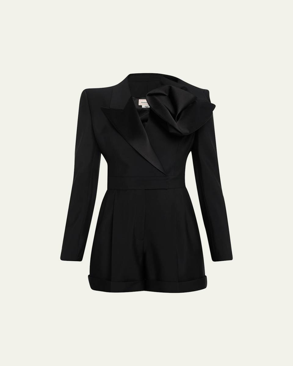 Structured Blazer Romper with Shoulder Flower