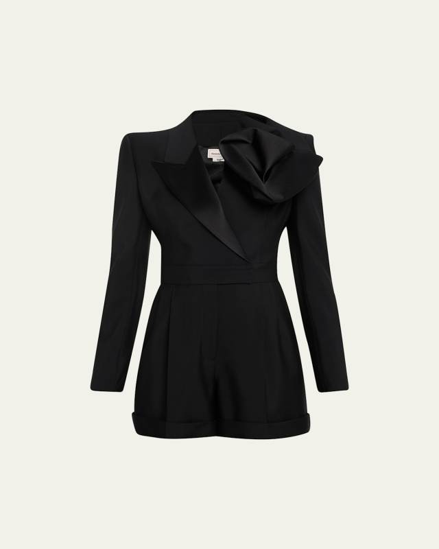 Structured Blazer Romper with Shoulder Flower
