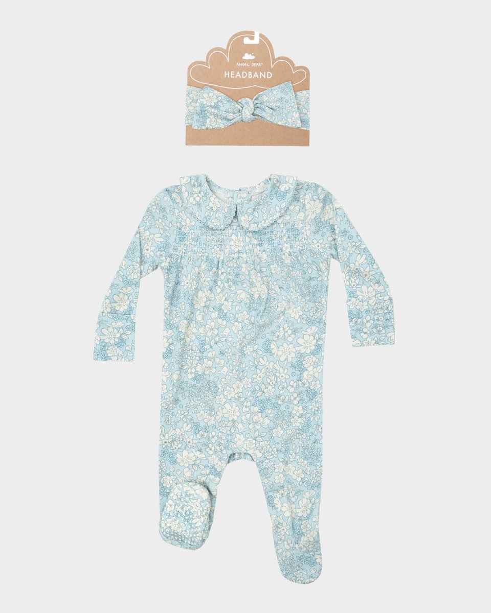 Girl's Blue Meadow Floral Smocked Footie W/ Headband Set, Size Newborn-9M