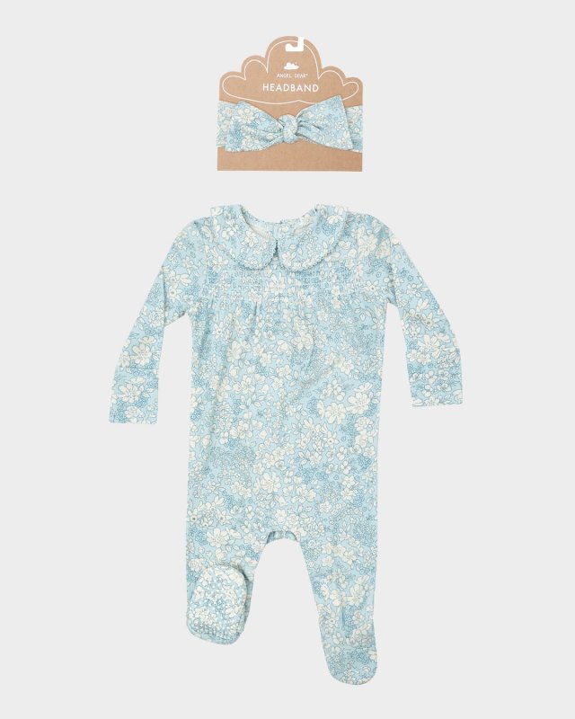 Girl's Blue Meadow Floral Smocked Footie W/ Headband Set, Size Newborn-9M
