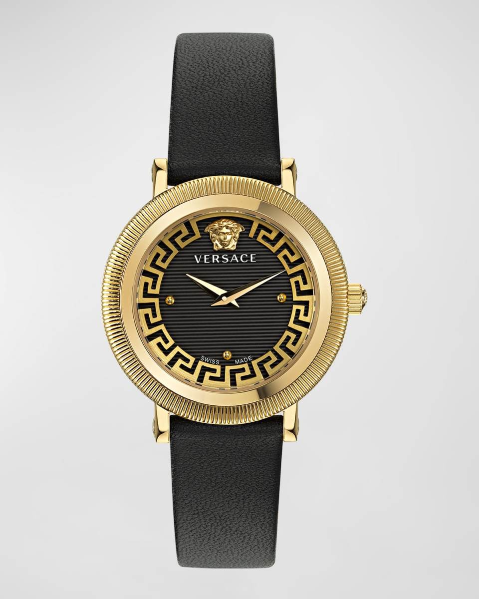 35mm Greca Flourish Watch with Leather Strap, Black