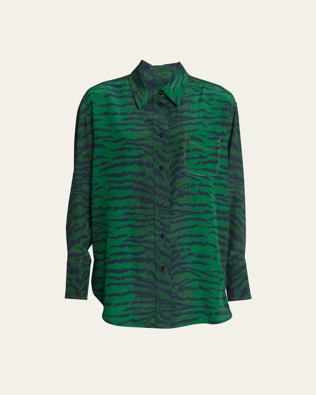 Tiger-Print Oversized Silk Pajama Shirt