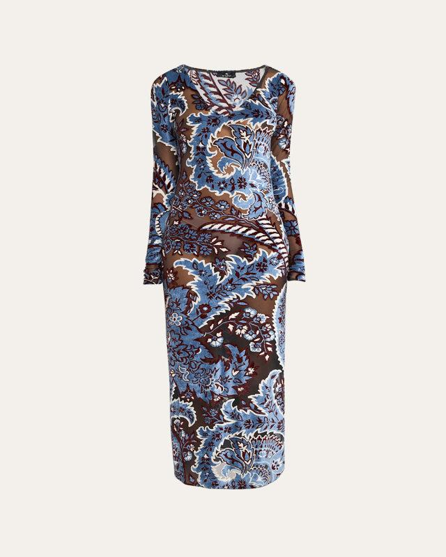 Velvet Paisley Print Midi Dress