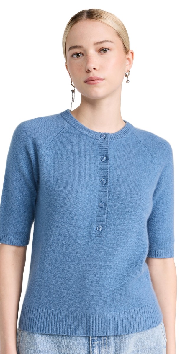 White + Warren Cashmere Short Sleeve Henley Blue Thistle