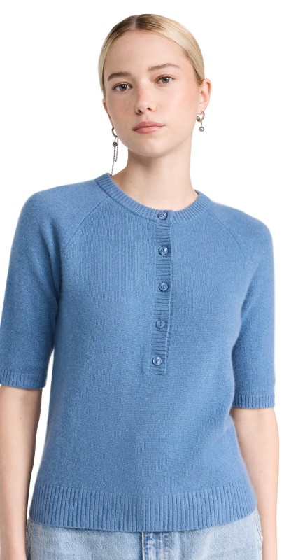 White + Warren Cashmere Short Sleeve Henley Blue Thistle