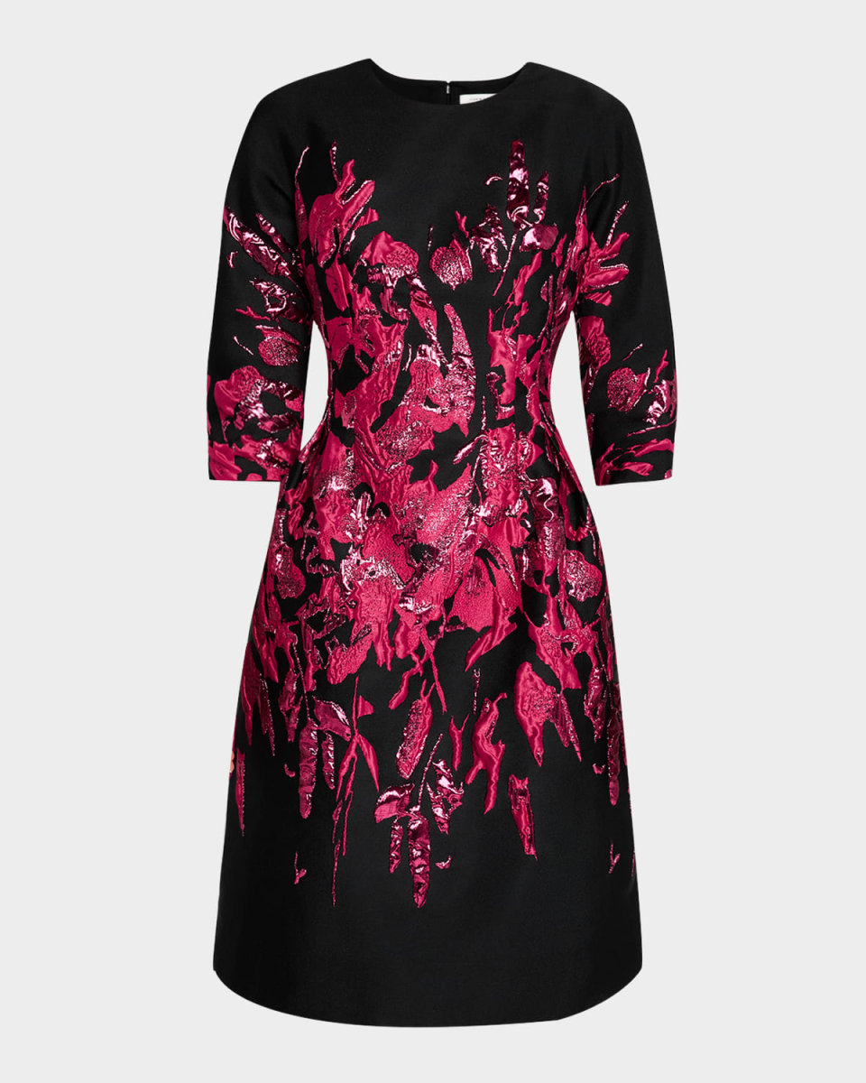 3/4-Sleeve Border Metallic Jacquard Dress
