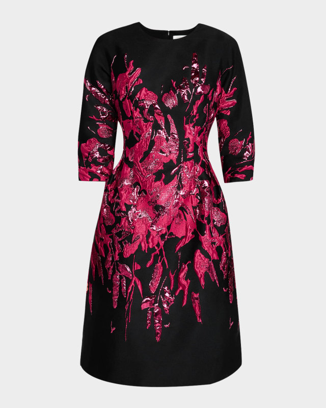 3/4-Sleeve Border Metallic Jacquard Dress