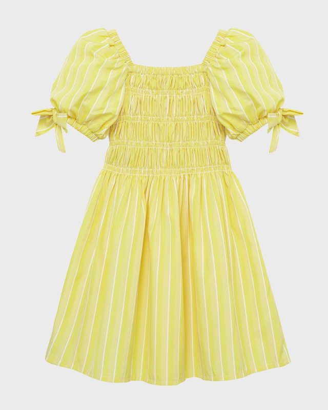 Girl's Smocked Bubble-Sleeve Stripe Dress, Size 2-6