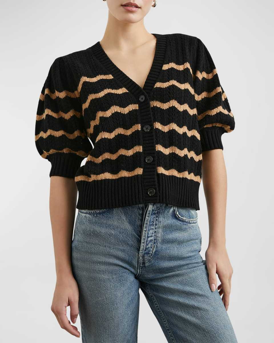 Isla Squiggle Striped Puff-Sleeve Cardigan