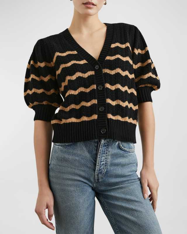 Isla Squiggle Striped Puff-Sleeve Cardigan