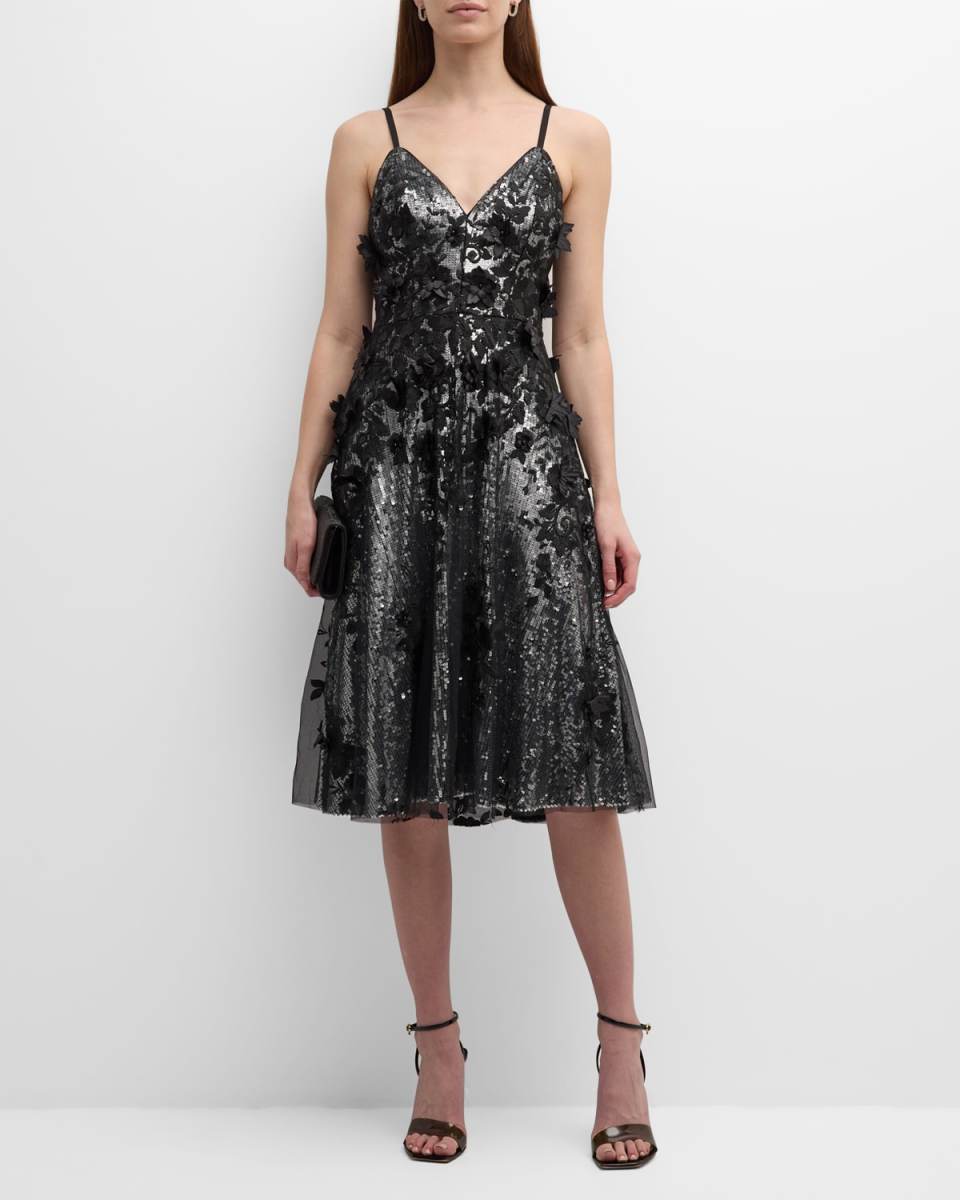Tahani Floral-Embroidered Sequin Midi Dress