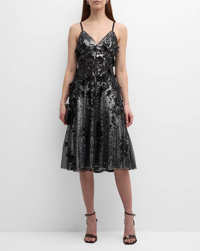 Tahani Floral-Embroidered Sequin Midi Dress