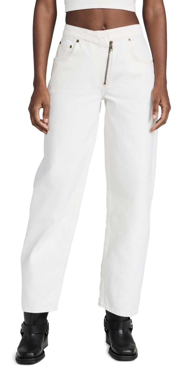 FRAME Angled Zipper Long Barrel Jeans Ecru