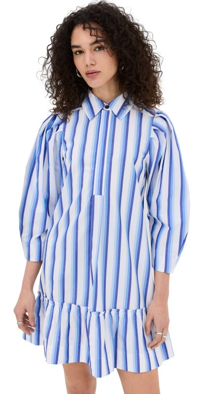 GANNI Stripe Cotton Mini Shirt Dress Silver Lake Blue