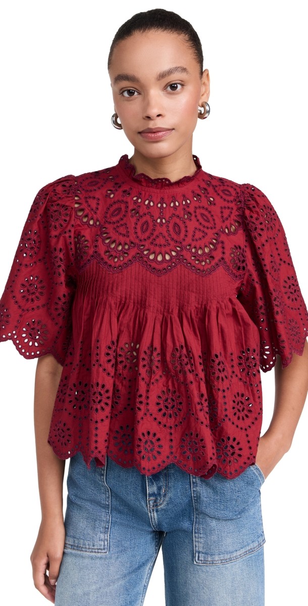 Sea Lainey Embroidery Short Sleeve Top Red