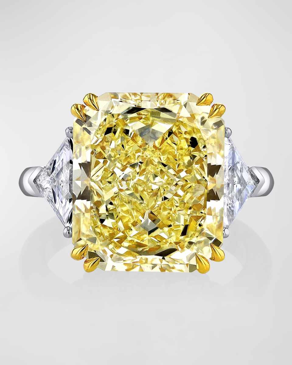 Platinum and 18K Yelow Gold Large Fancy Yellow Radiant Cut Ring with White Diamond and Triangular Sides, Size 6.5, 23.22tcw