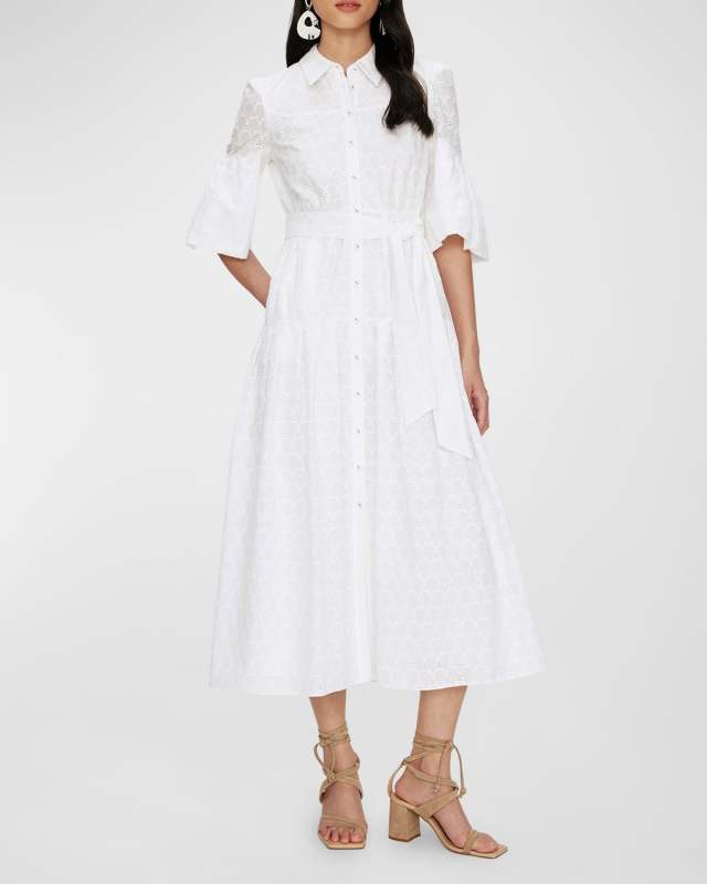 Aveena Bell-Sleeve Eyelet Midi Shirtdress