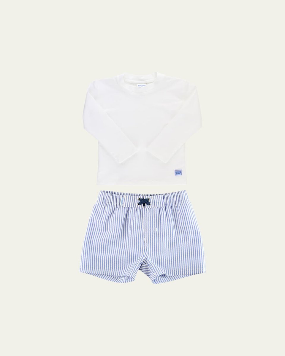 Boy's Periwinkle Striped Swim Shorts And Rashguard Set, Size 3M-
