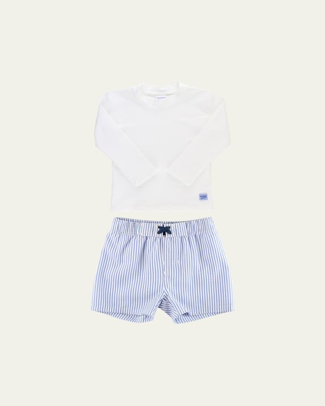 Boy's Periwinkle Striped Swim Shorts And Rashguard Set, Size 3M-