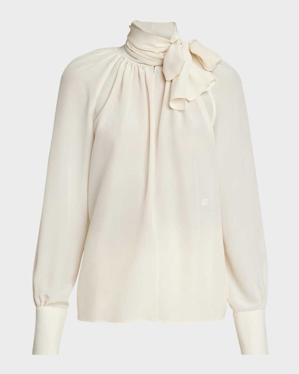 Lavalliere Scarf-Neck Long-Sleeve Silk Blouse