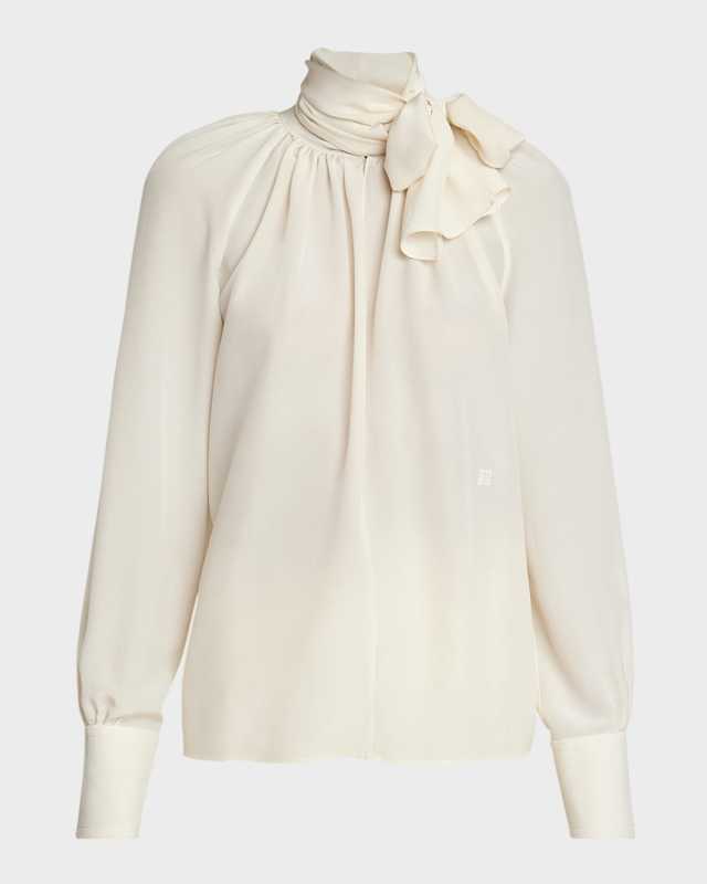Lavalliere Scarf-Neck Long-Sleeve Silk Blouse
