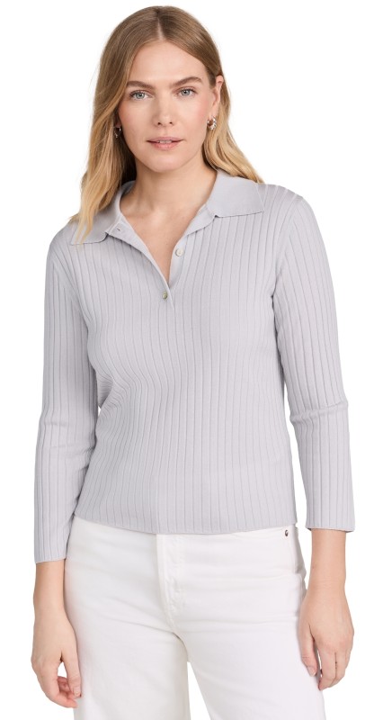 Vince Ribbed Button 3/4 Sleeve Polo Light Grey