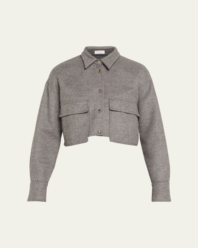 Fluid Wool Cropped Shirt Jacket with Patch Pockets