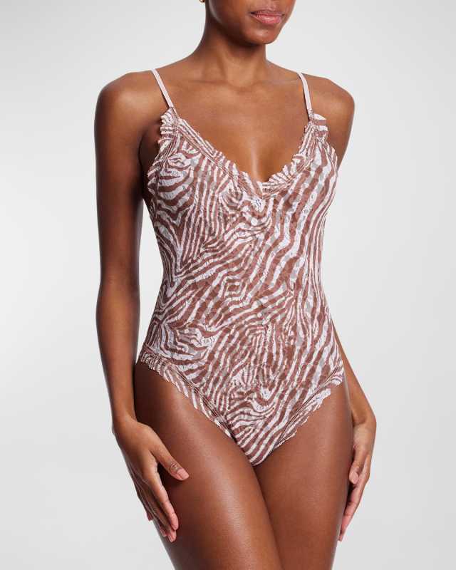 High-Cut Animal-Print Lace Thong Bodysuit