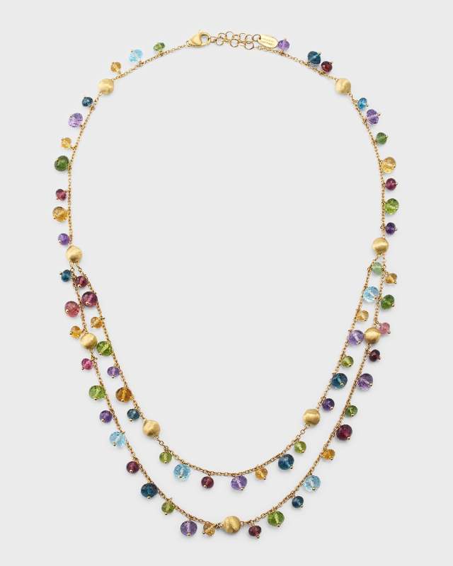 18K Yellow Gold Africa 2 Strand Necklace with Graduated Mixed Gems