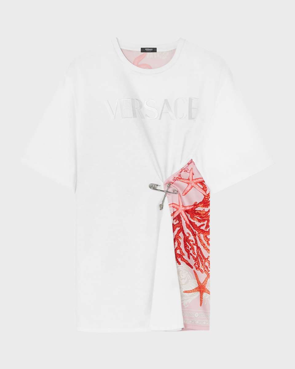 Vacation-Print Logo-Embroidered Short-Sleeve Safety-Pin T-Shirt